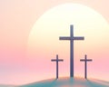 Three Wooden Easter Crosses Salvation Sacrifice Crucifixion Jesus Thieves Sunday Risen Morning Sunrise AI Generated