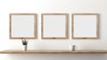 three wooden frame on white wall, frame mockup, Landscape wooden frame mockup with copy space for artwork, photo or print