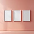 Three wooden frames of the same dimensions for posters or photos on a pale pink background Royalty Free Stock Photo