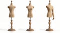 Three Wooden Mannequins Display Fashion Design. Sewing and Tailoring Concept. Minimalist Style. Mannequin Set in Bright Royalty Free Stock Photo