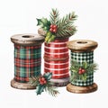 Three wooden spools of thread are adorned with festive plaid patterns in red, green, and blue Royalty Free Stock Photo