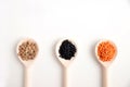 Three wooden spoons with lentils of different varieties, orange, black and brown on a white background. Place for text