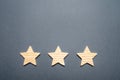 Three wooden stars on a gray background. The concept of quality and prestige. High quality and reliability, universal acceptance