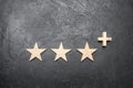 Three wooden stars and a plus, on a concrete gray background.