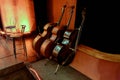 three wooden stringed instrument of a symphony orchestra double bass