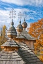 Three wooden towers with Slovak crosses of church in Korejovce during autumn Royalty Free Stock Photo