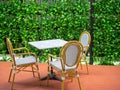 Three wooden white vintage chairs with white marble table on red floor on green ivy plant background Royalty Free Stock Photo