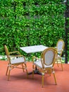Three wooden white vintage chairs with white marble table on red floor on green ivy plant background Royalty Free Stock Photo