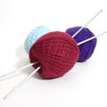 Three wool balls and knitting needles