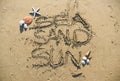 Three words sea san sun written in the sand Royalty Free Stock Photo