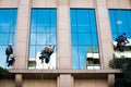 Three workers cleaning windows