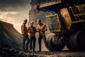 Three workers in coal mining industry quarry with heavy machinery discussing plan