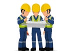 Three workers are discussing about engineering drawing Royalty Free Stock Photo