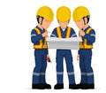 Three workers are discussing about engineering drawing Royalty Free Stock Photo