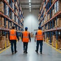 Three workers with orange reflective vests with their backs turned checking the aisle of a warehouse Royalty Free Stock Photo