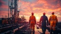 Three workers in safety gear walking towards a drilling site at sunset Royalty Free Stock Photo