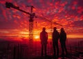 Three workers stand on the roof of building under construction and watching the sunset. Royalty Free Stock Photo