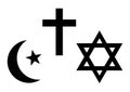 Three world religions symbols. Islam, Christianity and Judaism. Vector illustration