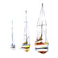 Three yachts with deflated sails. Watercolor sailboat illustration hand drawn loose style. Royalty Free Stock Photo