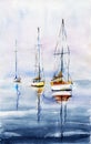 Three yachts at sea with deflated sails, dim weather, sailboat ship reflected in water. Watercolor illustration.