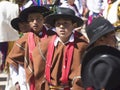 Three 10-year-old boys close-up looking straight ahead with typical clothes and indigenous hats from the city of Cusco Oct 2020