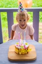 A three year old child blows candles on a cake. Selective focus. Royalty Free Stock Photo