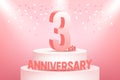 Three years anniversary celebration on pink background.