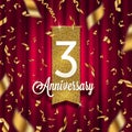 Three years anniversary golden signboard in spotlight on red curtain background and golden confetti.