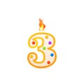 Three years anniversary, 3 number shaped birthday candle with fire on white