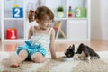 Three years old child sitting on carpet and feeding his little dog Royalty Free Stock Photo