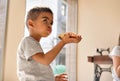 Little mixed race boy sit indoor eating pizza