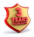 Three years warranty text on golden red shield background. 3d illustration.