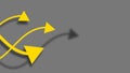 Three yellow arrow with shadows move in waves in the frame on dark gray background. Business infographic and study education