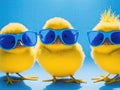 three yellow chicks with blue sunglasses. ai generative Royalty Free Stock Photo