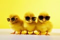 Three yellow chicks with sunglasses created with generative AI technology Royalty Free Stock Photo