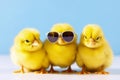 Three yellow chicks with sunglasses created with generative AI technology Royalty Free Stock Photo