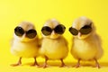 Three yellow chicks with sunglasses created with generative AI technology Royalty Free Stock Photo