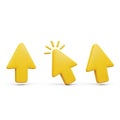 Three Yellow 3D Arrows with a Clicking Cursor in the Middle on White Background mouse cursor Royalty Free Stock Photo
