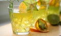 Three yellow green ice cocktails standing on wood, decorated with orange, carambola, lime and rosemary. Ready to party Royalty Free Stock Photo