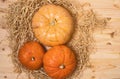 Three yellow-orange pumpkins on a background of hay on a wooden table, the concept of Halloween and the autumn harvest of Royalty Free Stock Photo