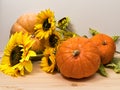 Three yellow-orange pumpkins and sunflowers on a light wooden surface, Halloween and autumn harvest concept, farm product Royalty Free Stock Photo