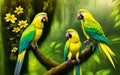 Three yellow parrots on a tree with yellow orchid in the jungle.Generative Al Illustration