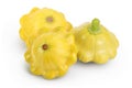 Three yellow pattypan squash isolated on white background, Clipping path and full depth of field Royalty Free Stock Photo