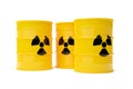 Three yellow radioactive waste drum barrels stack with warning symbol over white background