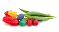 Three yellow and red tulips with easter eggs Royalty Free Stock Photo