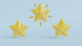 Three yellow stars. Customer rating feedback concept from client about employees of the website. Realistic 3d design. For mobile