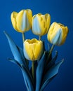 three yellow tulips are in a vase against a blue background Royalty Free Stock Photo