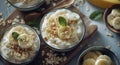 Three yogurt bowls with bananas, granola on wooden cutting board Royalty Free Stock Photo