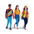 Three young adults in colorful casual wear walking together, African man, two Caucasian women, smiling, friendship