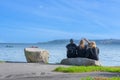 Three young adults sitting by lake looking at view